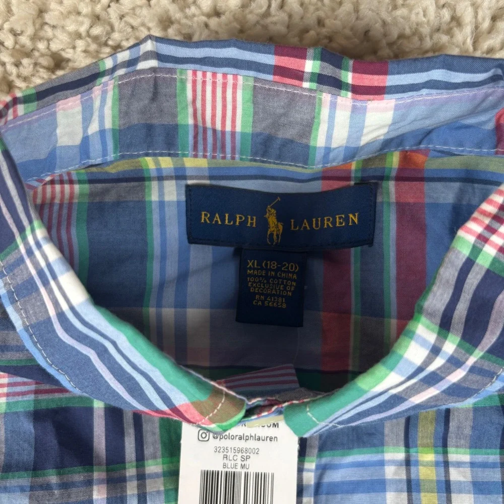 NWT Ralph Lauren Kids Button Down Shirt XL 18-20 Blue Plaid Long Sleeve Preppy